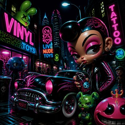 urban street with city activity — Lowbrow Art Style