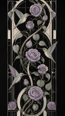 a climbing vine of flowers and hummingbirds on a dark background, tall wrapping composition, no text