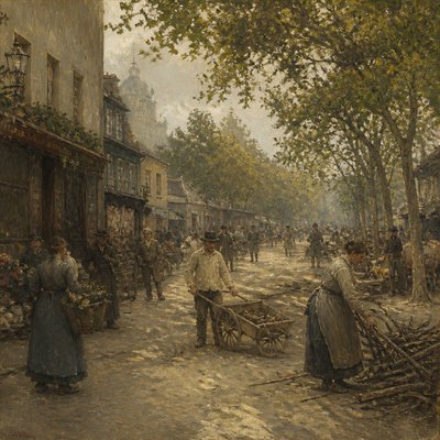 urban street with city activity — Barbizon Art Style