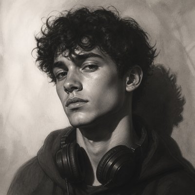 head-and-shoulders portrait of an original character: a young man with curly dark hair and headphones around his neck, plain backdrop, no text