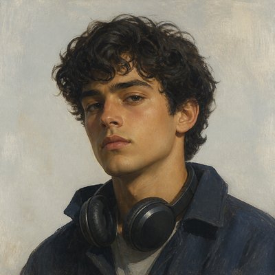 head-and-shoulders portrait of an original character: a young man with curly dark hair and headphones around his neck, plain backdrop, no text