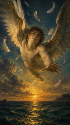 front view of ignudi Icarus falling into the sea with feathers falling 