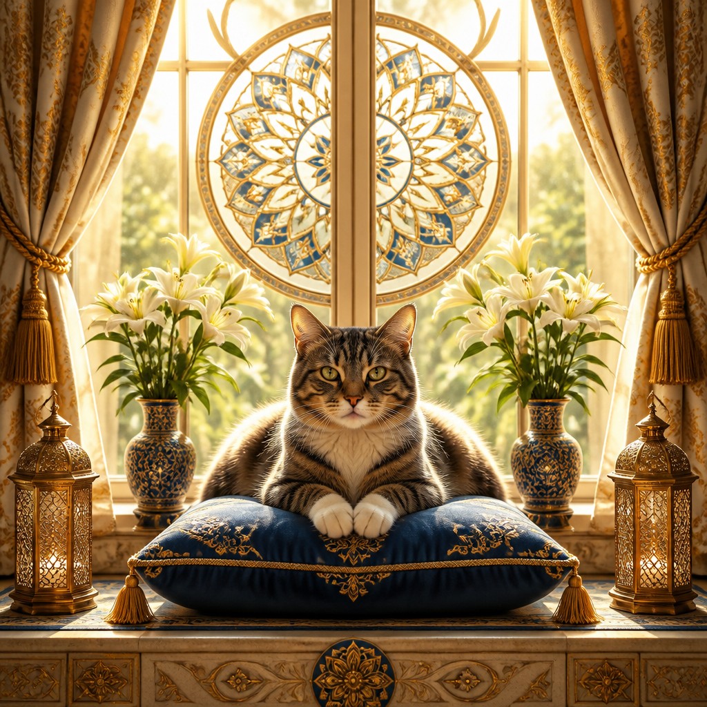 a cat lounging in a sunlit window — Perfect Symmetry Art Style