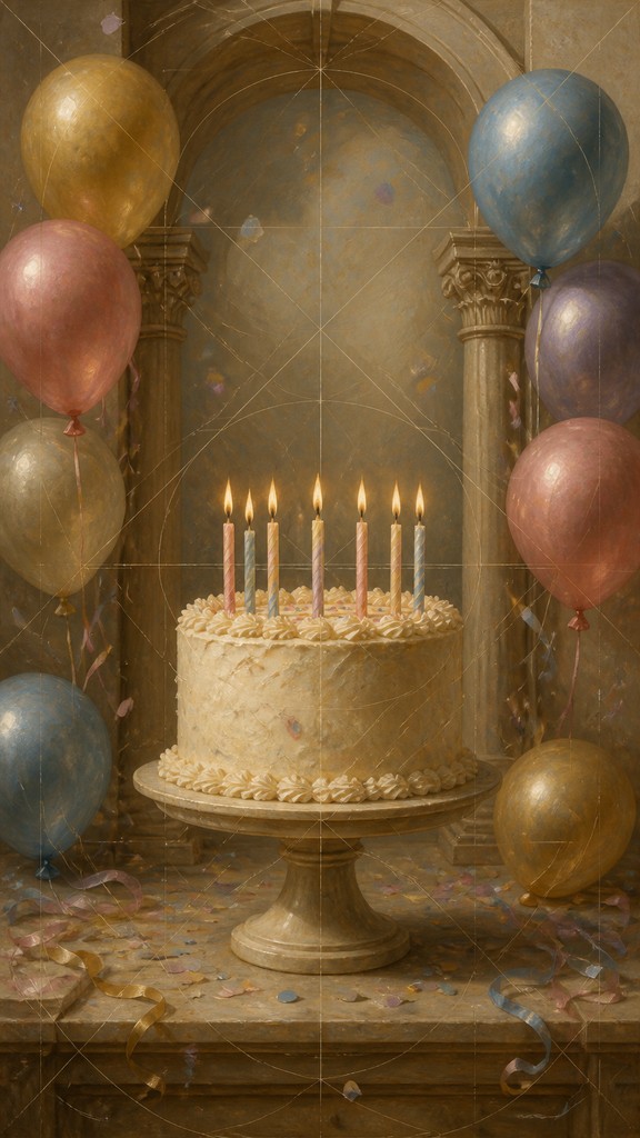 a birthday cake with lit candles surrounded by balloons and confetti, festive vertical composition, no text
