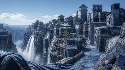 a cliffside city with waterfalls cascading into a misty canyon, wide establishing shot, no people, no text
