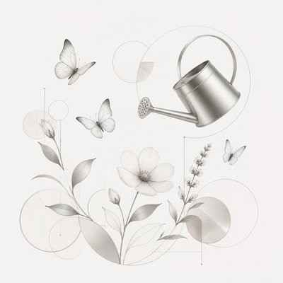 a garden scene with butterflies, flowers and a watering can, clean uncolored line art, no text