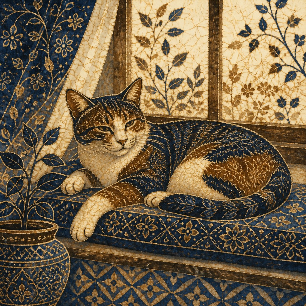 a cat lounging in a sunlit window — Batik Art Style