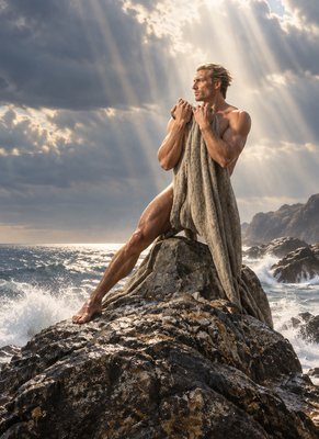a man sitting on top of a rock next to the ocean