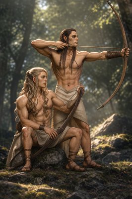 a painting of a man holding a bow next to a man with long hair