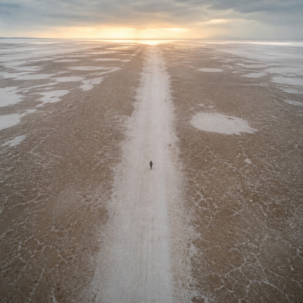 a solitary figure walking toward a glowing horizon across an empty plain, moody atmosphere, no text or lettering