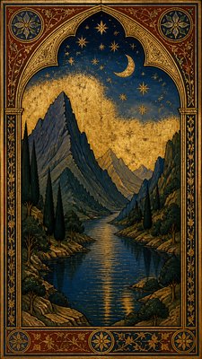 a tranquil mountain lake beneath a starry night sky, no people, no text