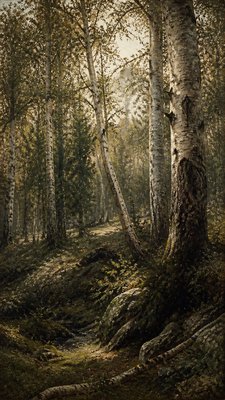 a serene birch forest in soft morning light, no people, no text