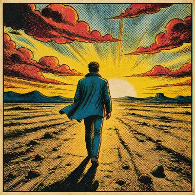 a solitary figure walking toward a glowing horizon across an empty plain, moody atmosphere, no text or lettering