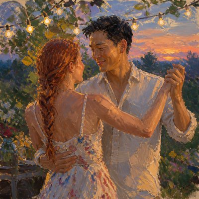 an original couple dancing under string lights in a garden at dusk: a man with short black hair in a linen shirt and a woman with braided red hair in a summer dress