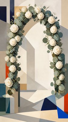 an arch of white roses and eucalyptus in soft morning light, elegant vertical composition with open space, no text