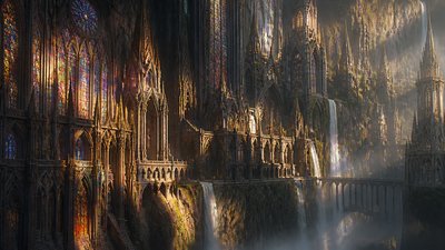 a cliffside city with waterfalls cascading into a misty canyon, wide establishing shot, no people, no text