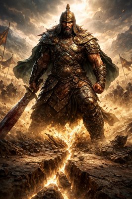 "A hyper-realistic, cinematic portrait of Zelek the Ammonite, one of King David’s elite 'Mighty Men.' He is a towering figure with a weathered, fierce expression, wearing ancient Near Eastern bronze-and-iron scale armor with heavy leather straps. He stands in a stance of immense power, holding a massive, jagged-edged broadsword or a heavy iron-headed spear. The background is a battlefield where he has literally 'broken' through the enemy line—visualized as a physical fissure or crack in the earth radiating from his feet (Baal-perazim style). The enemy 'host' is seen scattering and dissolving in his wake, depicted as shadowy figures falling back into a golden, dusty haze. Art Style: Gritty biblical realism blended with epic 2026 digital concept art; heavy emphasis on texture (hammered metal, scarred skin, desert sand), deep shadows, and high-contrast volumetric lighting. 8K resolution, wide-angle lens, masterpiece quality