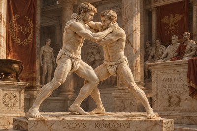 a statue of two men fighting in front of a building