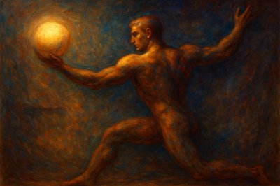 a painting of a man holding a ball