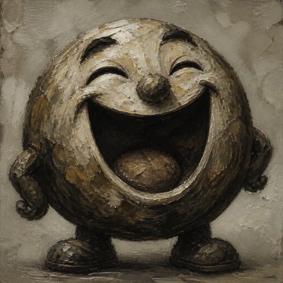 an exaggerated laughing face of an original round mascot character, bold and readable at small size, plain background, no text