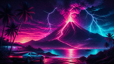 an erupting volcano with lightning strikes, dramatic wide composition, no text