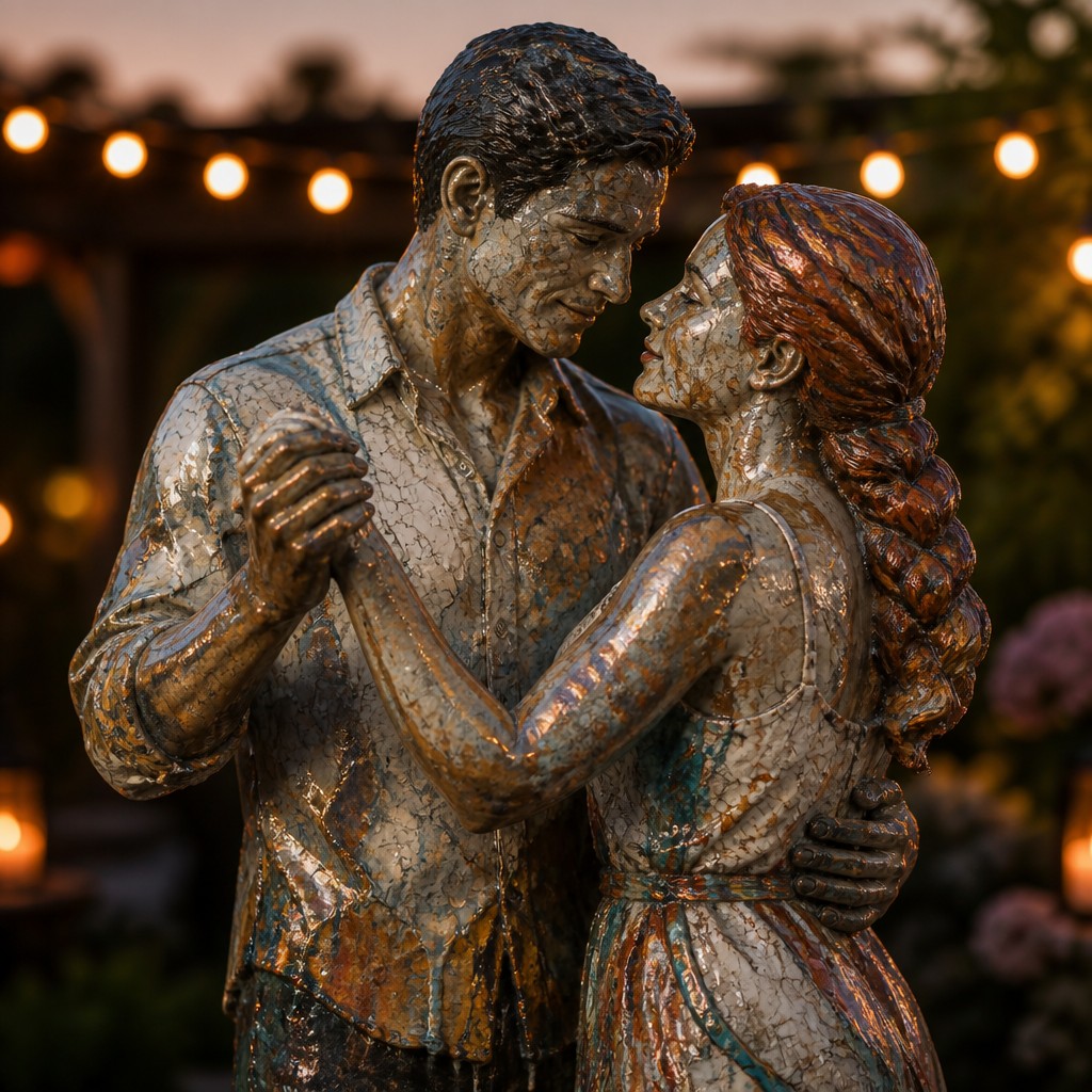 an original couple dancing under string lights in a garden at dusk: a man with short black hair in a linen shirt and a woman with braided red hair in a summer dress