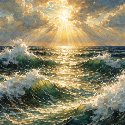 The reverberations of sound in many waters shining with glory. No humans. only waters and brilliant light are to be expressed. 