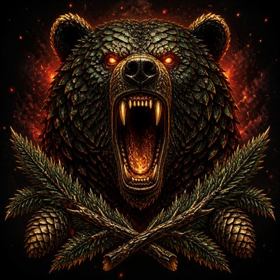 a roaring bear head above crossed pine branches, bold graphic composition on a plain background, no text