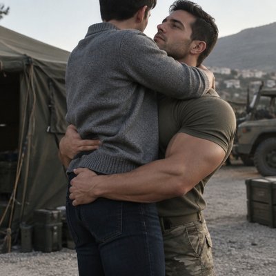 Je veux comme la couverture d’un livre avec une romance entre un soldat habillé en comando beige vert kaki avec legere barbe latino sans l’atiraille juste le T-shirt bien ajusté , gros pecs et il tiens dans ses bras un homme plus petit mais tout les deux grand brun cheveux cours lisse et on voit pas son visage il rst habiillé en cardigan gris et jean bleu foncé 