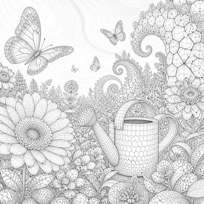 a garden scene with butterflies, flowers and a watering can, clean uncolored line art, no text