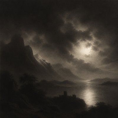 wide landscape with natural scenery — Mezzotint Print Style