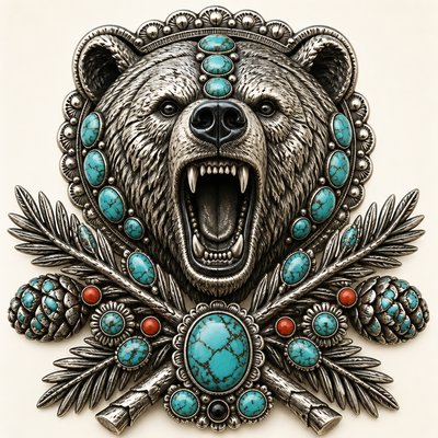 a roaring bear head above crossed pine branches, bold graphic composition on a plain background, no text