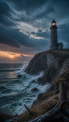 a lone lighthouse on a cliff at dusk under a dramatic sky, no text or lettering