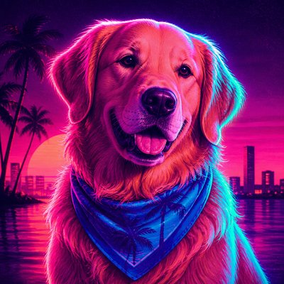 portrait of a golden retriever wearing a blue bandana, warm plain backdrop, no text