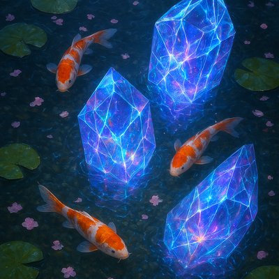 A koi pond seen from above, orange and white koi fish swimming among lily pads, clear water with subtle ripples, fallen cherry blossom petals floating on the surface, dappled sunlight