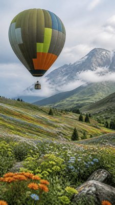 a hot air balloon drifting over rolling flower fields on a sunny day, cheerful, no text