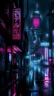 a quiet rainy city street at night reflecting neon signs, no people
