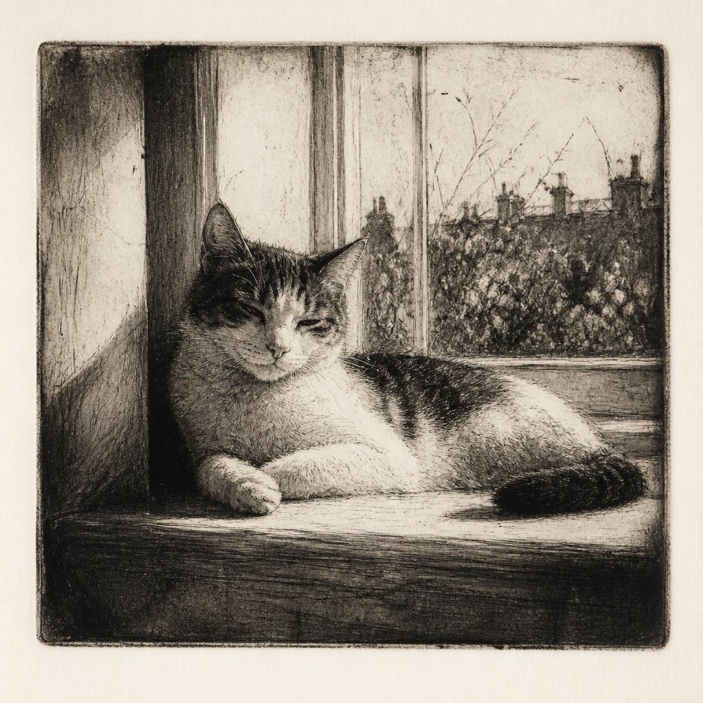 a cat lounging in a sunlit window — Drypoint Print Style