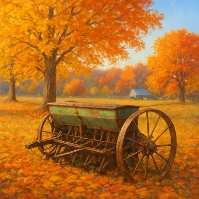 A serene and rustic autumn landscape based on the provided image, featuring an aged farm implement (a seeder or planter) in the foreground. The old machinery retains its weathered green and rust colors but is now positioned amidst a carpet of vibrant fallen autumn leaves in shades of gold, orange, and russet.

The large, leafy trees in the middle ground, which were green in the original image, are now transformed into glorious specimens of fall foliage, displaying brilliant yellows, fiery oranges, and deep reds. The distant field shows hints of freshly turned earth or dry, golden stubble. In the background, the small house with the blue roof remains, nestled amongst a dense forest that is also ablaze with autumn colors.

The sky is a clear, bright autumn blue, with warm, golden sunlight characteristic of a pleasant fall day, casting gentle shadows and highlighting the rich textures of the old equipment, the tree bark, and the colorful leaves. The overall mood is one of peaceful rural charm, autumnal beauty, and the quiet dignity of farm life as the seasons change.
