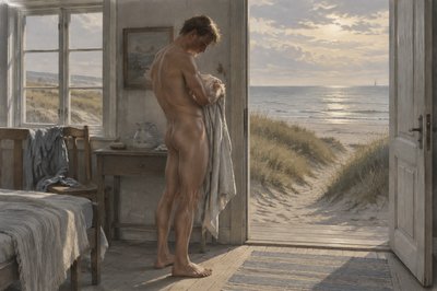 a danish ignudi athlete dries off with his towel at the beach
