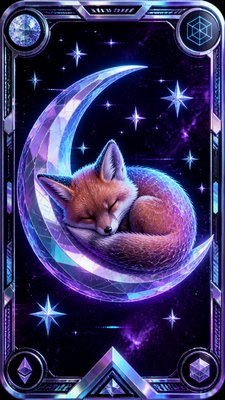 a sleeping baby fox curled on a crescent moon among soft stars, gentle and warm, no text