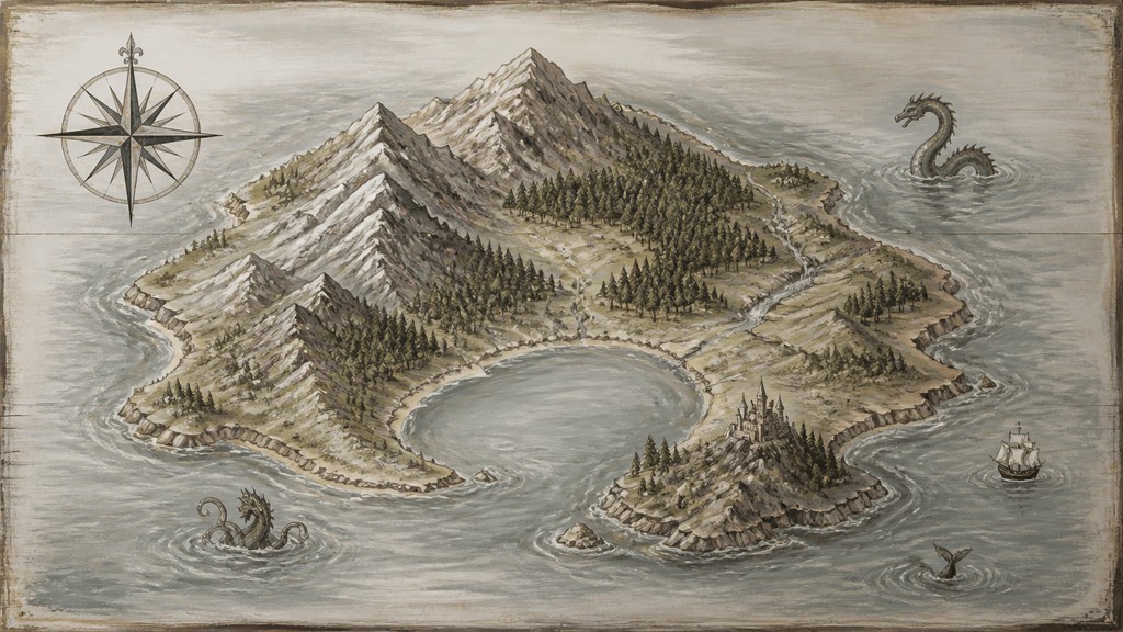 a map of an island realm with mountains, forests, a sheltered bay, sea monsters in the water and a compass rose, no text labels