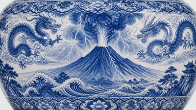 an erupting volcano with lightning strikes, dramatic wide composition, no text