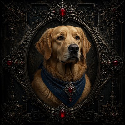 portrait of a golden retriever wearing a blue bandana, warm plain backdrop, no text