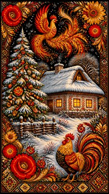 a snow-covered cottage with warm glowing windows beside a decorated pine tree, gentle snowfall, no text
