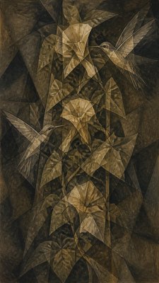 a climbing vine of flowers and hummingbirds on a dark background, tall wrapping composition, no text
