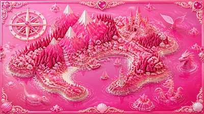 a map of an island realm with mountains, forests, a sheltered bay, sea monsters in the water and a compass rose, no text labels