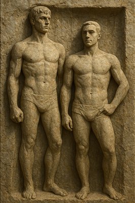 a statue of two men standing next to each other