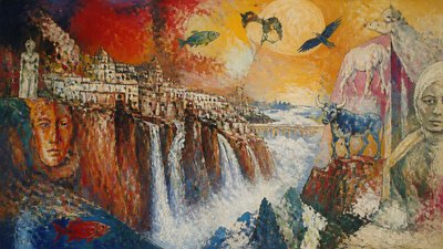 a cliffside city with waterfalls cascading into a misty canyon, wide establishing shot, no people, no text