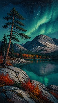 a tranquil mountain lake beneath a starry night sky, no people, no text